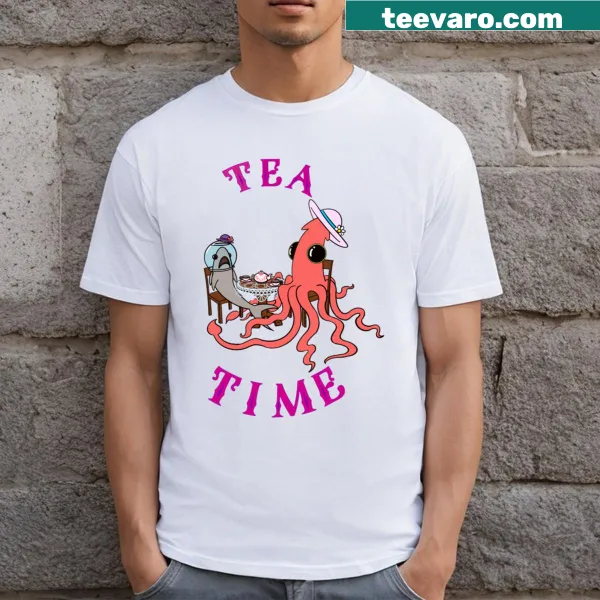 Vintage-style T-shirt celebrating tea time with playful graphics.