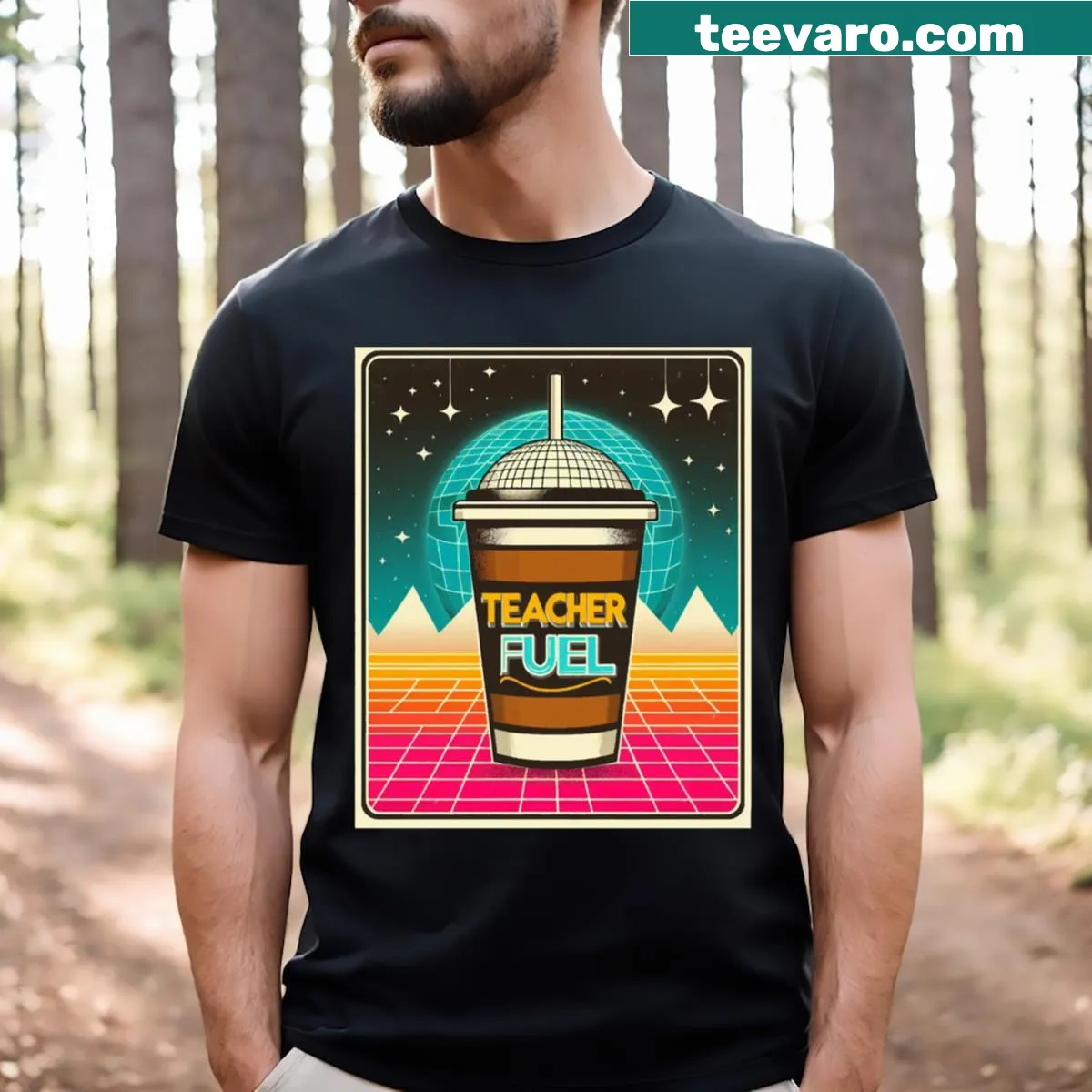 Funny Teacher Fuel Coffee T-shirt with bold typography. — on a men's t-shirt