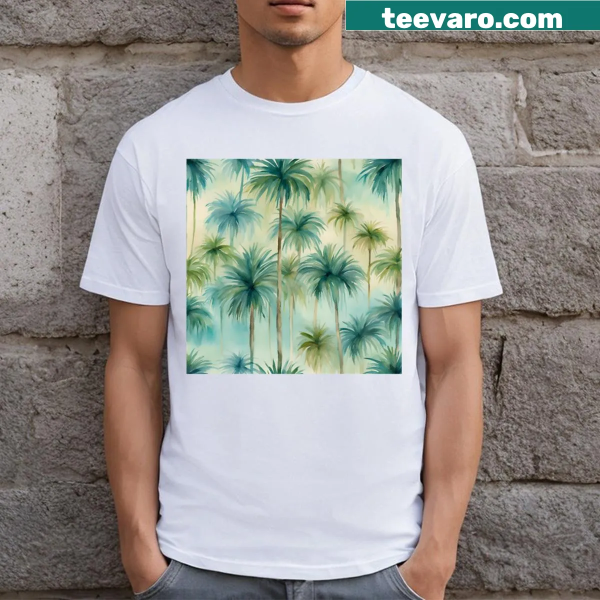 T-shirt featuring a watercolor illustration of palm trees — on a men's t-shirt