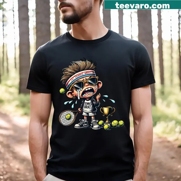 Funny cartoon Tennis Brat T-shirt for tennis enthusiasts.
