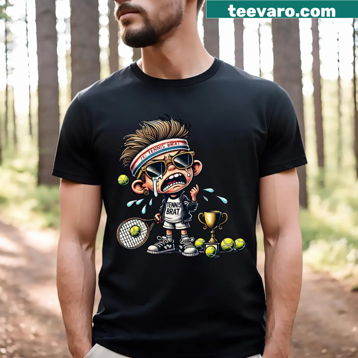 Funny cartoon Tennis Brat T-shirt for tennis enthusiasts. — on a men's t-shirt
