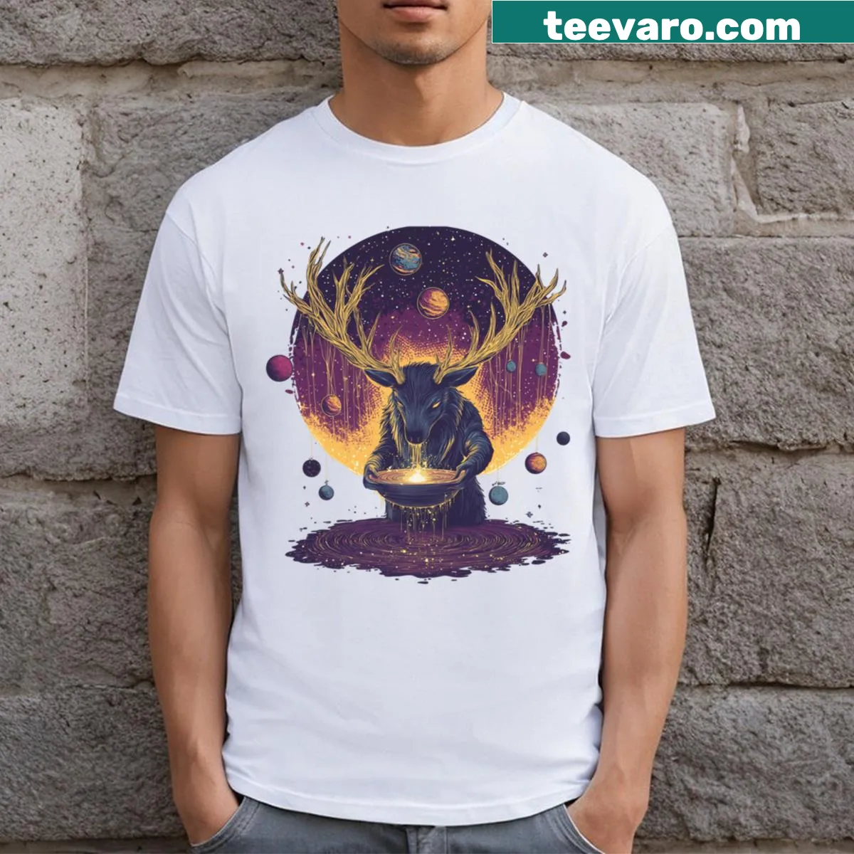 A deer surrounded by celestial elements in a whimsical illustration. — on a men's t-shirt