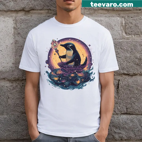 Illustrative T-shirt of a shaman penguin in a cosmic setting.