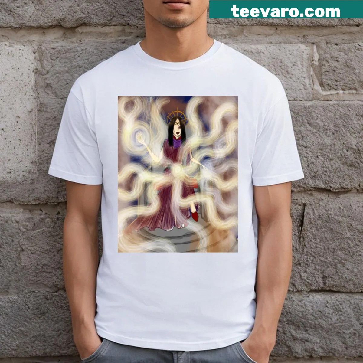 Enchanting witch conjuring light and stars design — on a men's t-shirt