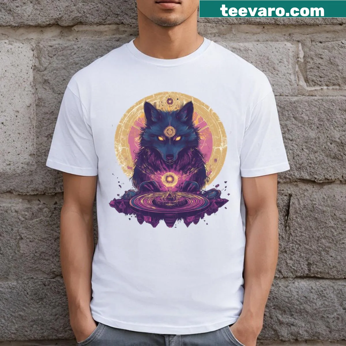 Majestic wolf guardian among celestial elements design — on a men's t-shirt