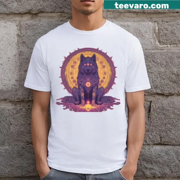 Majestic wolf guarding a cosmic portal in a bold illustration