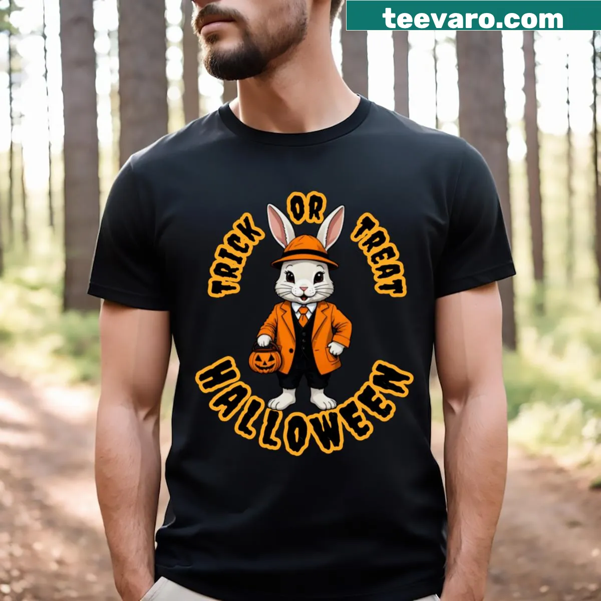 Cute Halloween T-shirt featuring a rabbit and treats. — on a men's t-shirt