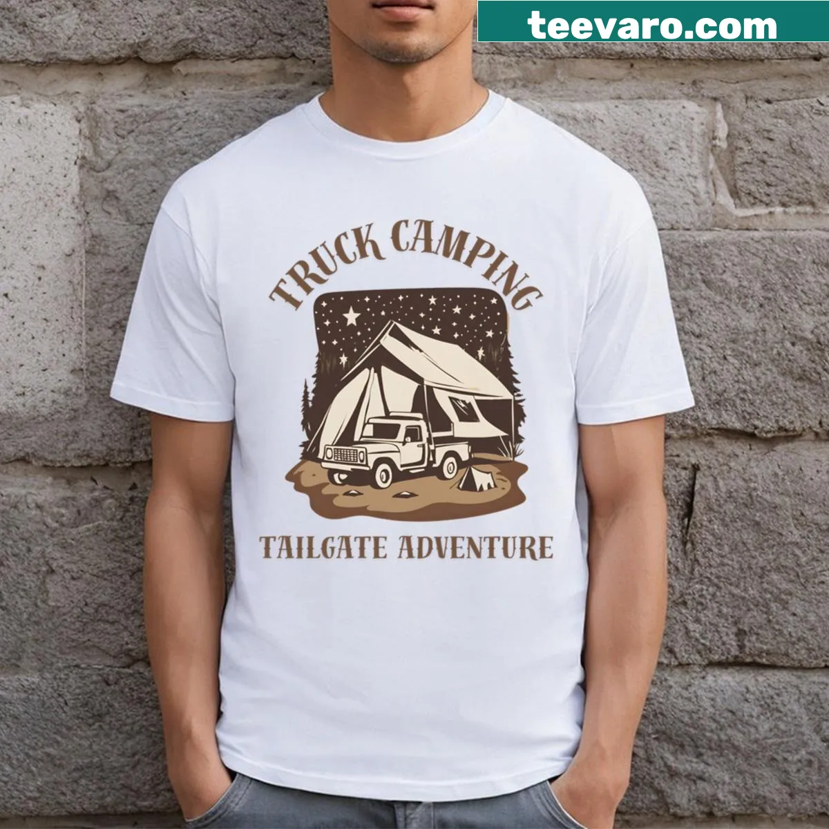Illustrative T-shirt depicting truck camping and tailgate adventures. — on a men's t-shirt
