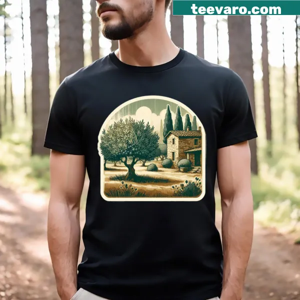 T-shirt featuring a Tuscan grove illustration symbolizing nature's beauty.