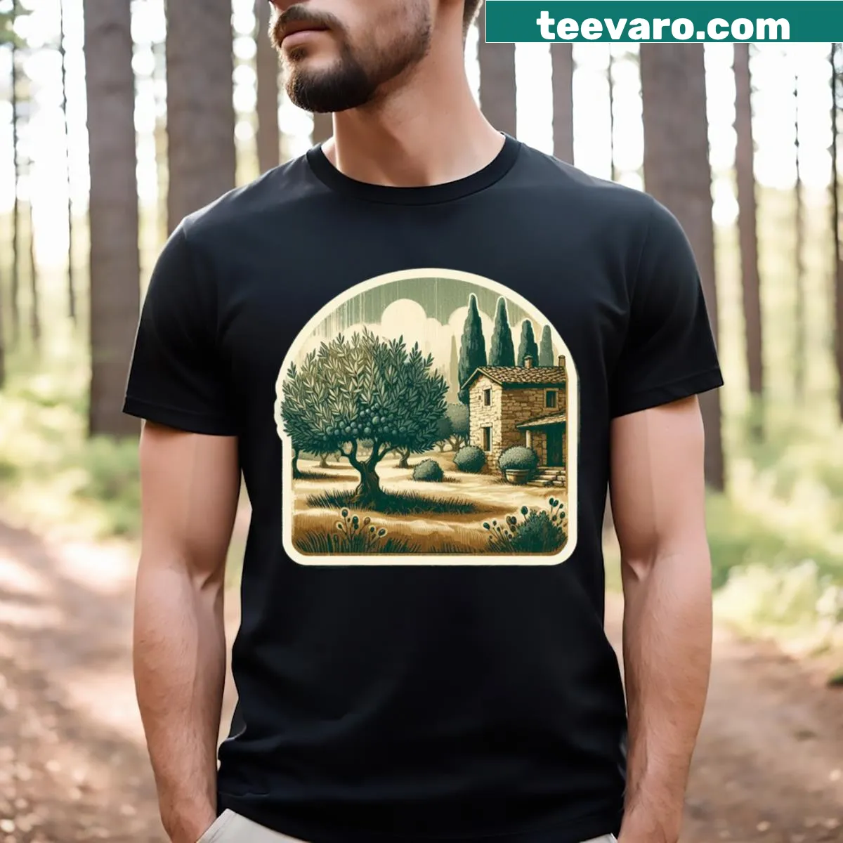T-shirt featuring a Tuscan grove illustration symbolizing nature's beauty. — on a men's t-shirt
