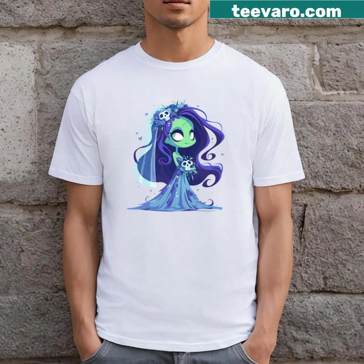 Illustrative T-shirt featuring a haunting undead bride design. — on a men's t-shirt