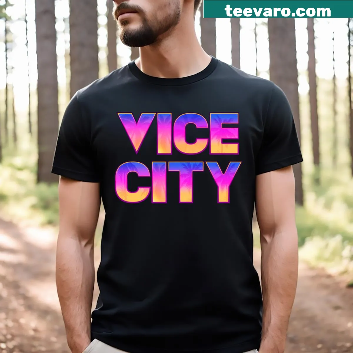 Essential T-shirt with Vice City art and bold typography — on a men's t-shirt