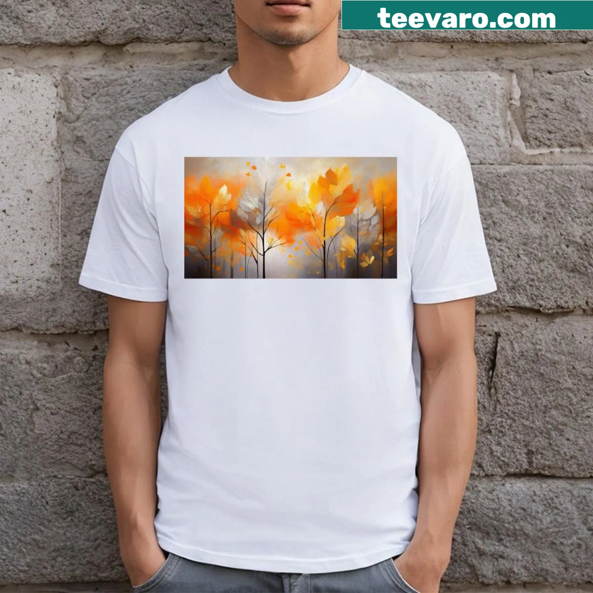 Illustration of autumn leaves on a T-shirt evoking fall's charm — on a men's t-shirt