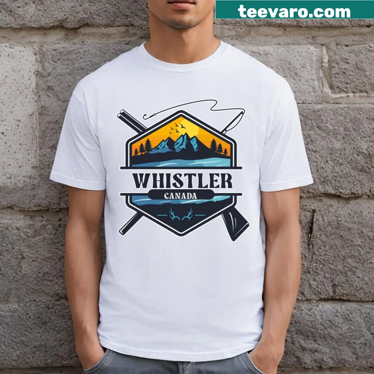Emblematic T-shirt showcasing Whistler, Canada, with outdoor themes — on a men's t-shirt