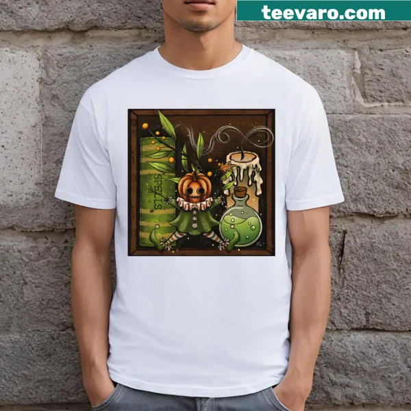 Illustrated T-shirt featuring whimsical magical items and trinkets