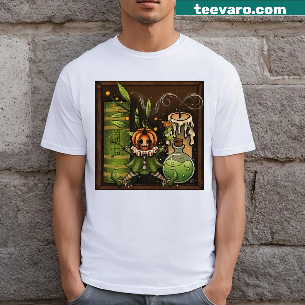 Illustrated T-shirt featuring whimsical magical items and trinkets — on a men's t-shirt