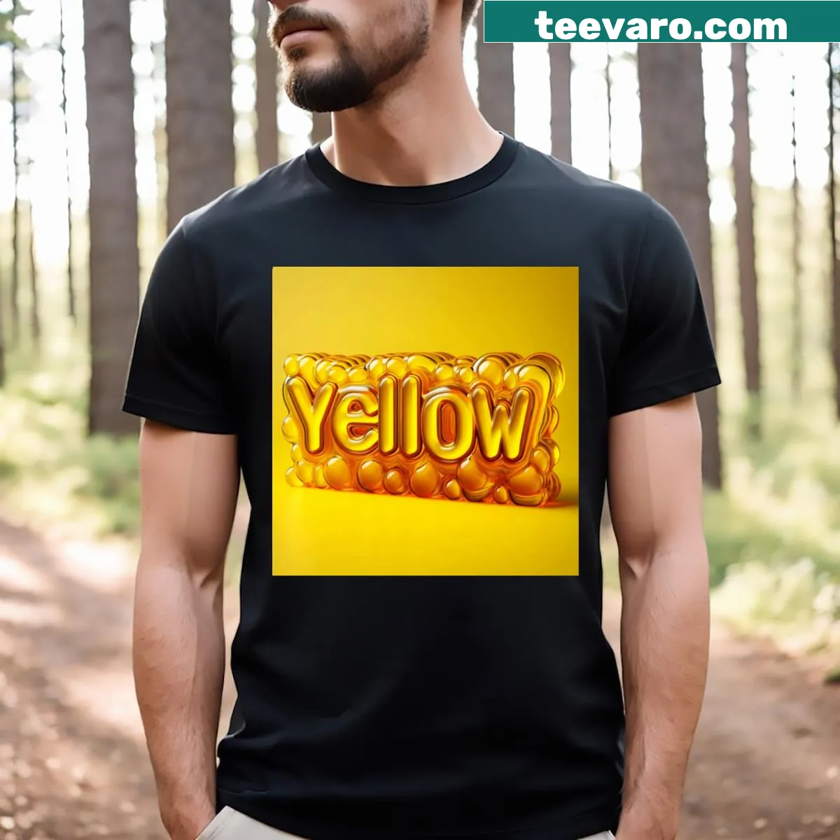 3D liquid font t-shirt featuring the word 'Yellow' on a bright background — on a men's t-shirt
