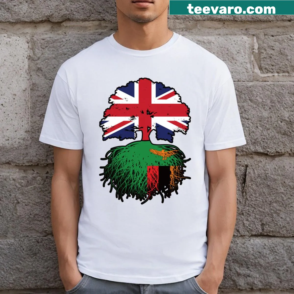 Zambian flag and roots graphic on a casual T-shirt — on a men's t-shirt