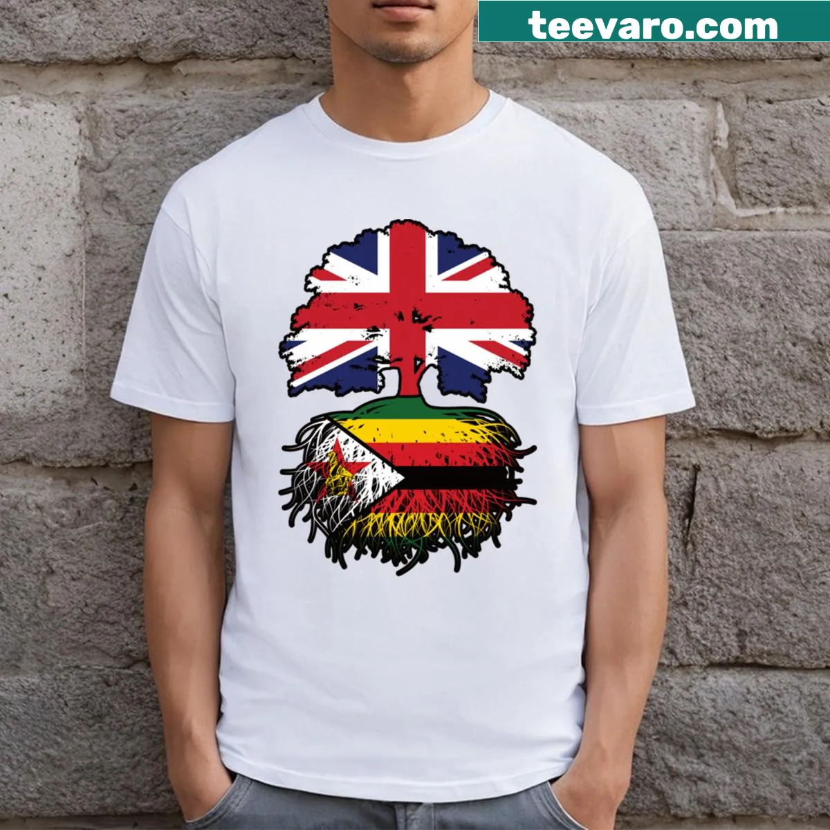 T-shirt featuring a design of Zimbabwean roots and flag — on a men's t-shirt