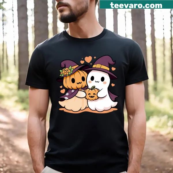 Charming Halloween graphic of a pumpkin and ghost T-shirt
