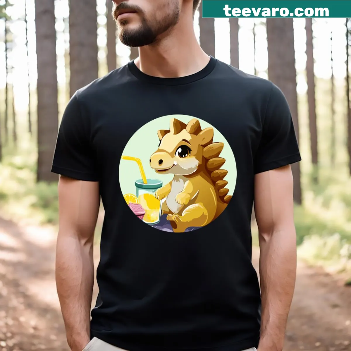 Cute stegosaurus picnic illustration T-shirt with cupcakes and lemonade — on a men's t-shirt