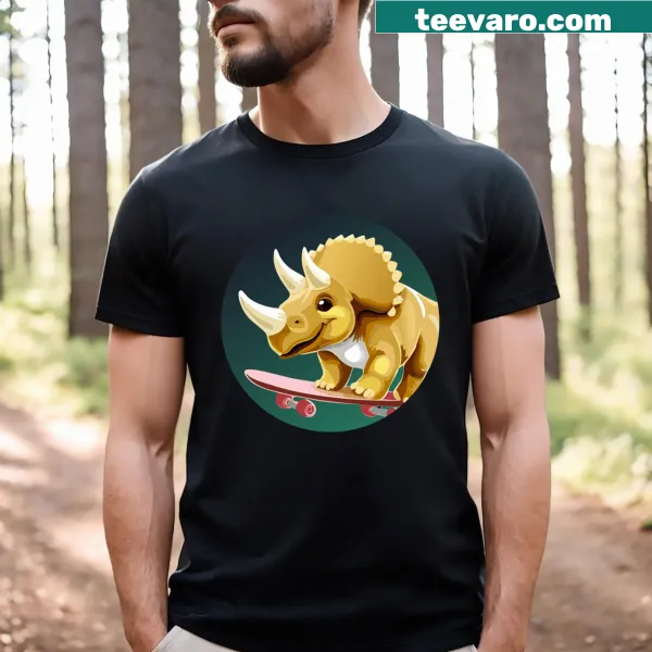 Cartoon triceratops skating with a big smile on T-shirt