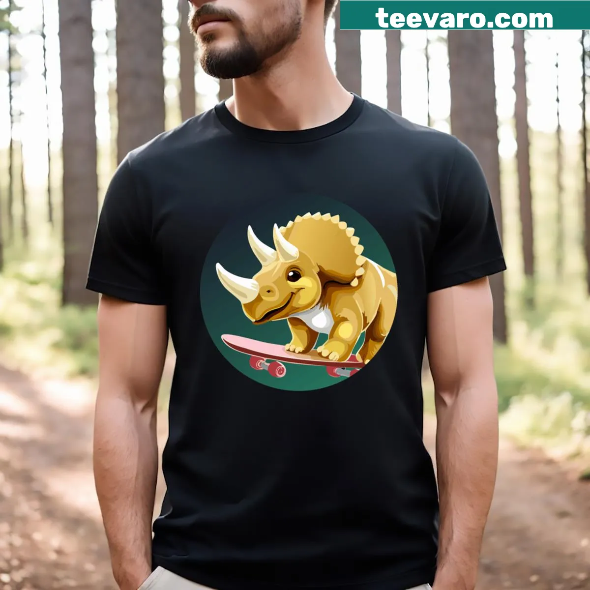 Cartoon triceratops skating with a big smile on T-shirt — on a men's t-shirt