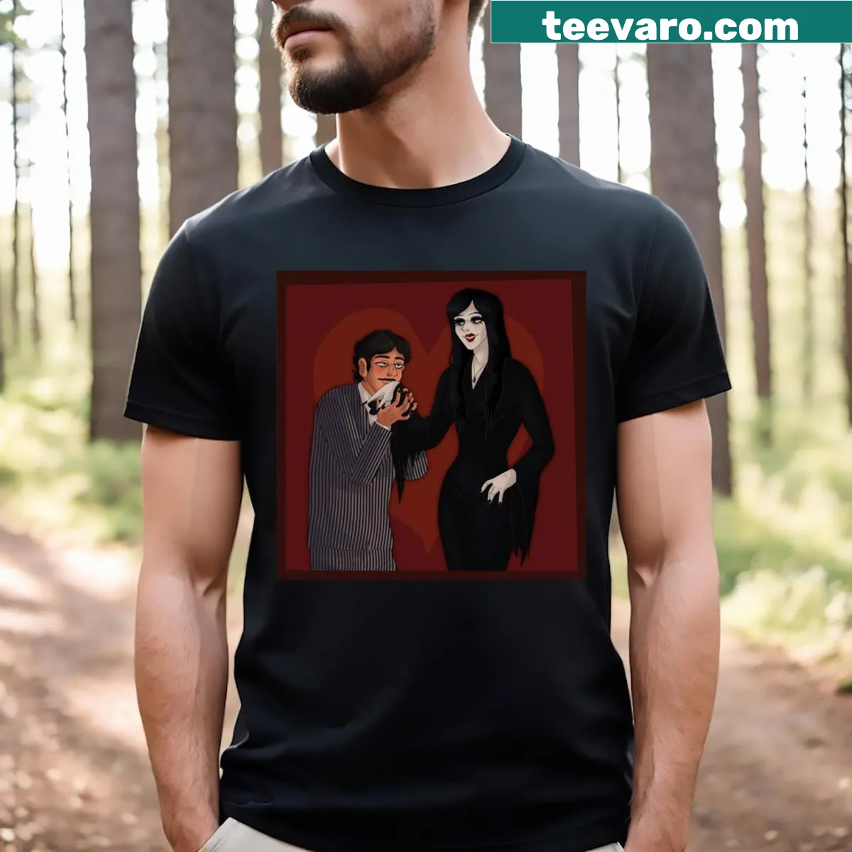 Addams Family t-shirt featuring iconic cartoon characters — on a men's t-shirt
