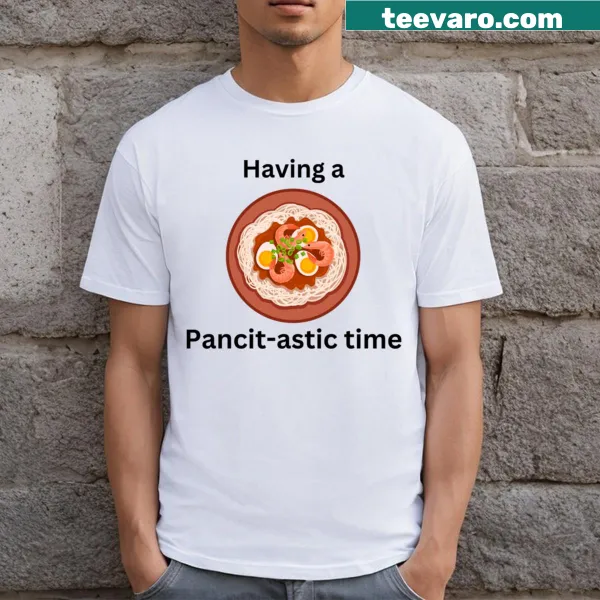 Cartoonish t-shirt featuring a bowl of Pancit and fun graphics