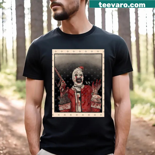 Cartoon t-shirt featuring Art The Clown as Santa
