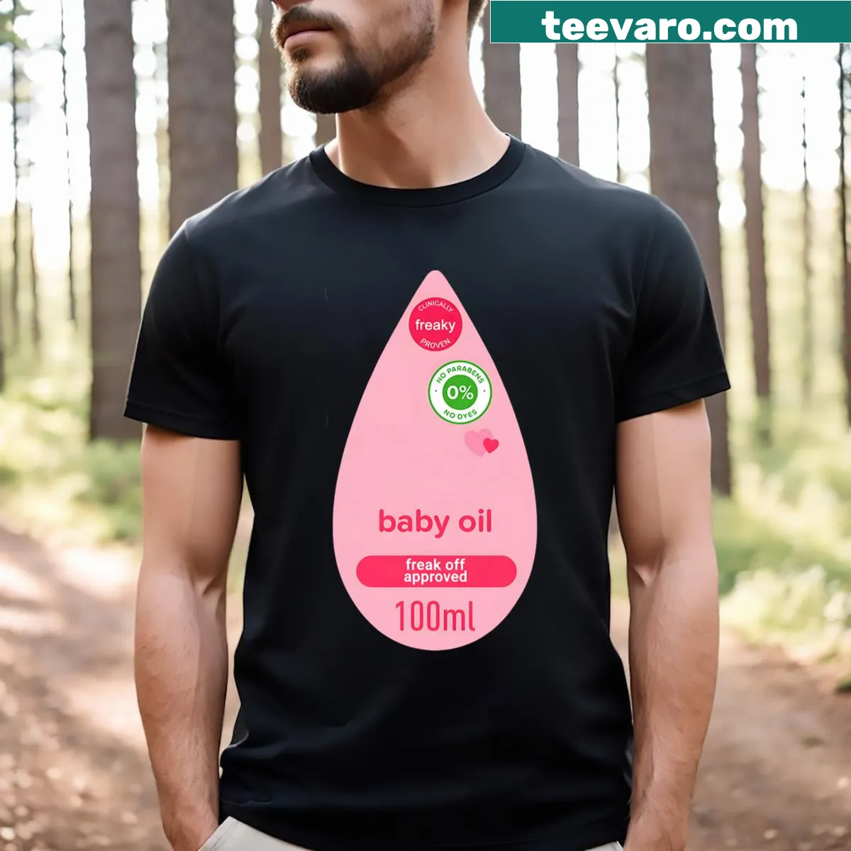 Funny baby oil-themed Halloween costume t-shirt for men — on a men's t-shirt
