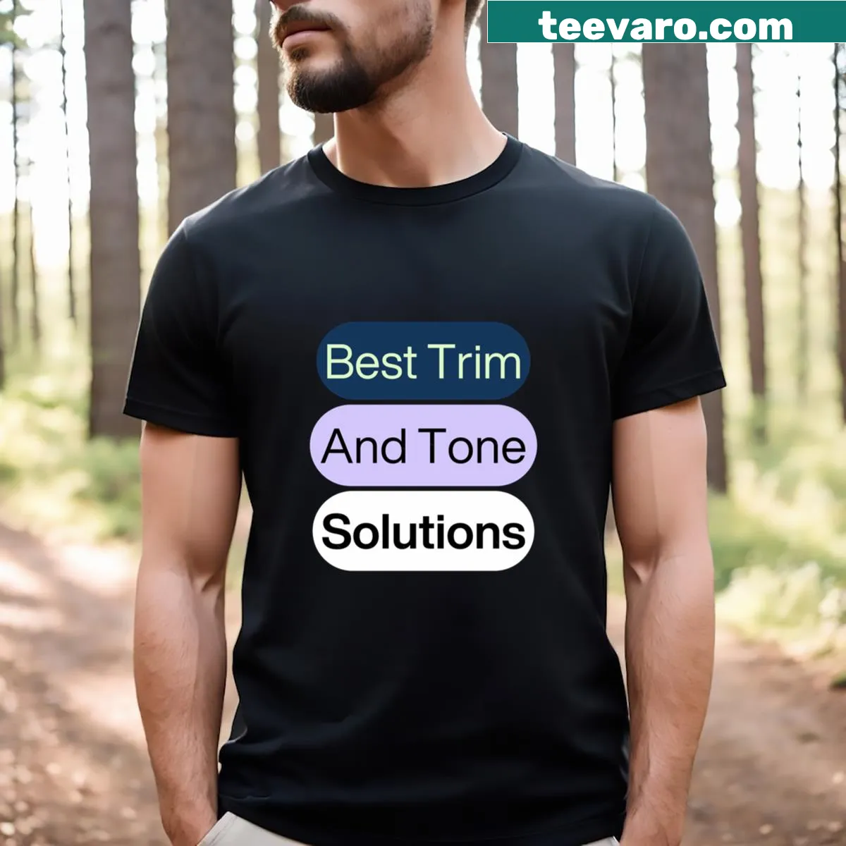 Fitness-themed shirt with Best Trim And Tone Solutions text — on a men's t-shirt