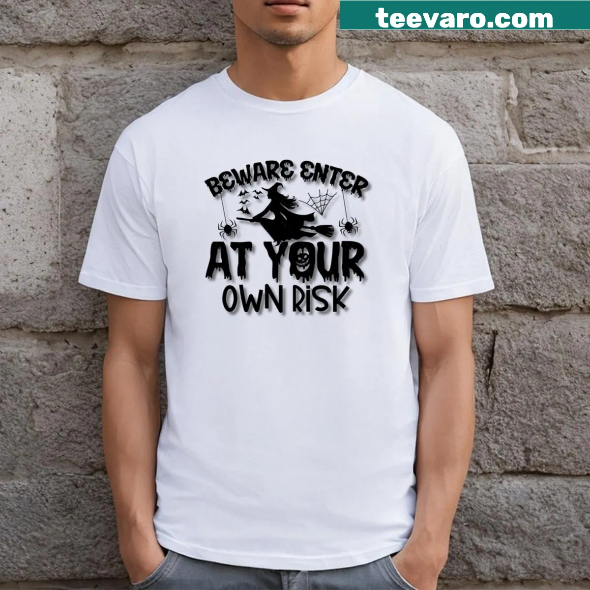 Halloween warning graphic on a Beware Enter At Your Own Risk t-shirt — on a men's t-shirt
