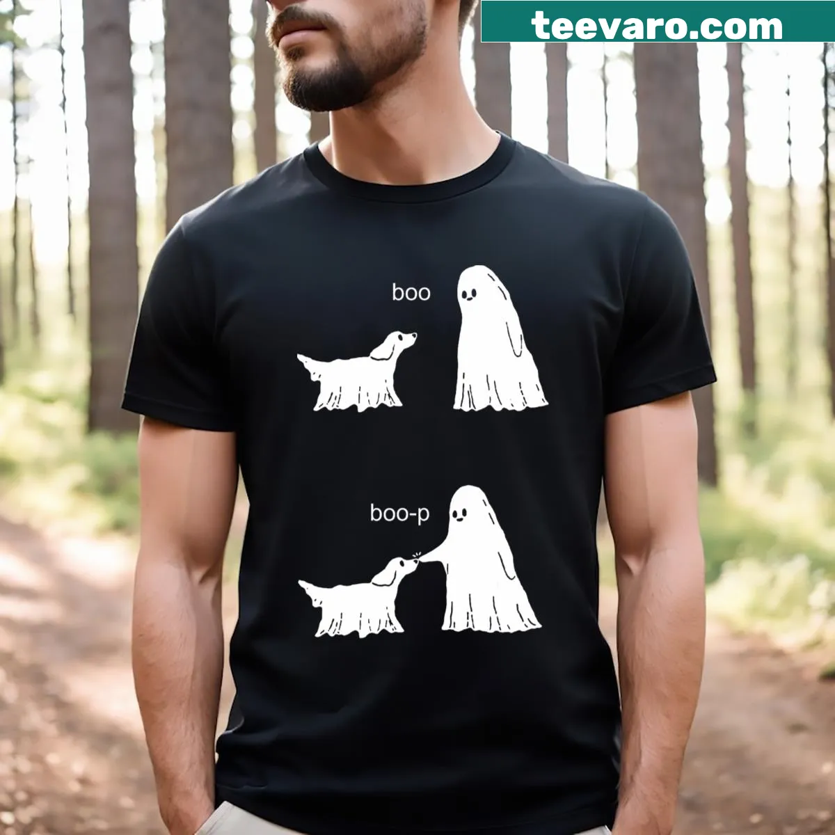 Cartoon ghost and dog graphic on a cute Halloween T-shirt — on a men's t-shirt