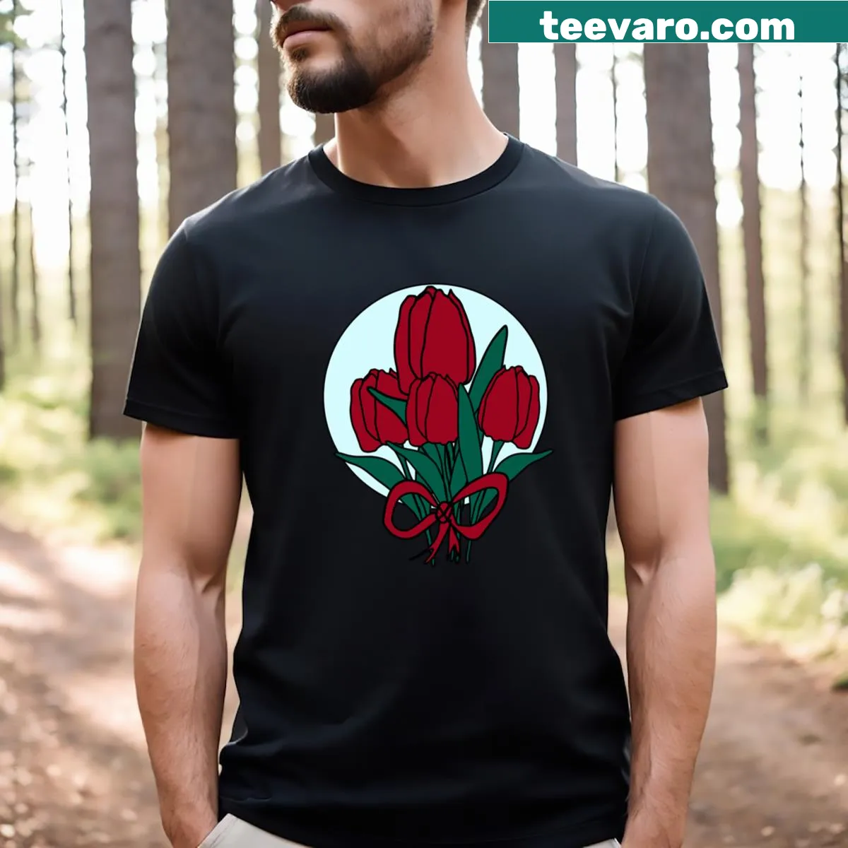 Illustrated T-shirt featuring a bouquet of tulips — on a men's t-shirt
