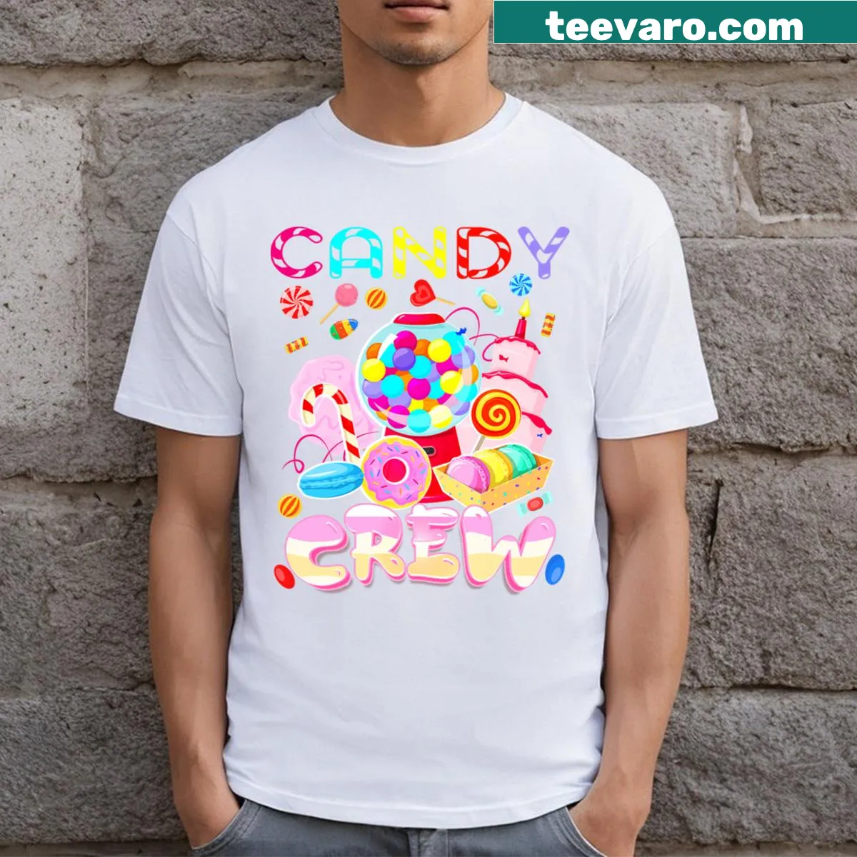 Whimsical Candy Land Halloween t-shirt with sweet graphics — on a men's t-shirt