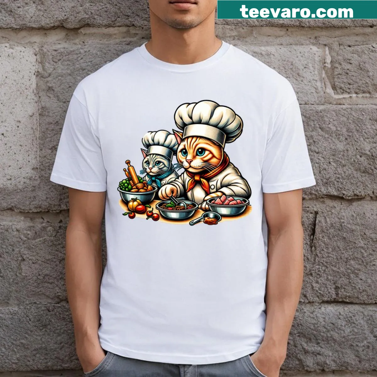 Cute and funny feline chefs on a T-shirt for cat lovers — on a men's t-shirt