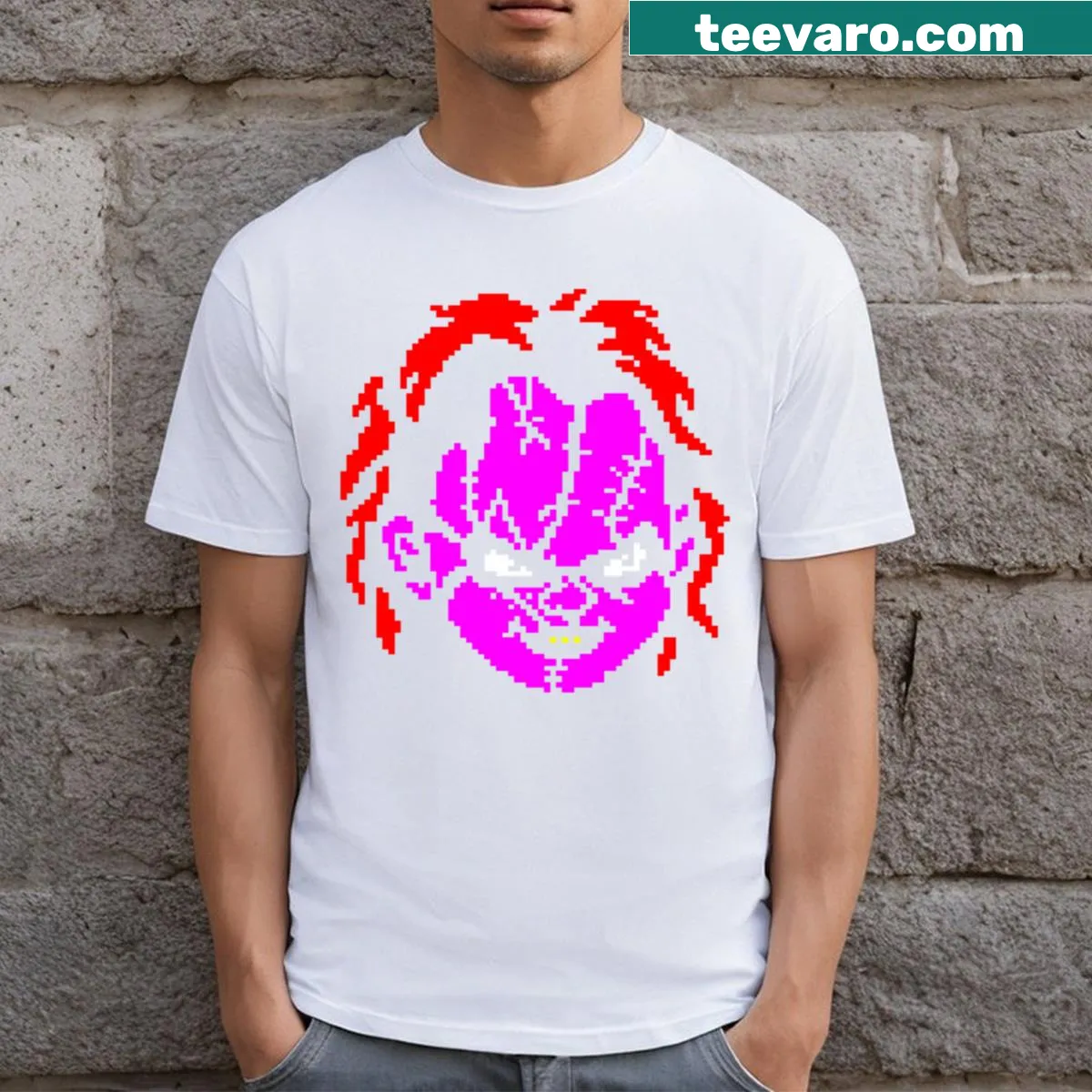 Playful cartoon graphic of Chucky on T-shirt — on a men's t-shirt
