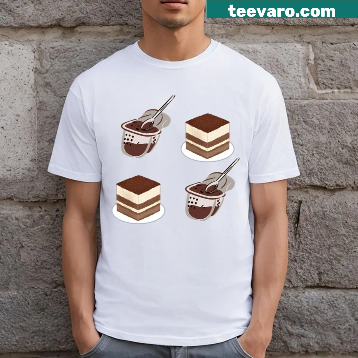 T-shirt featuring tiramisu and chocolate mousse dessert illustrations — on a men's t-shirt