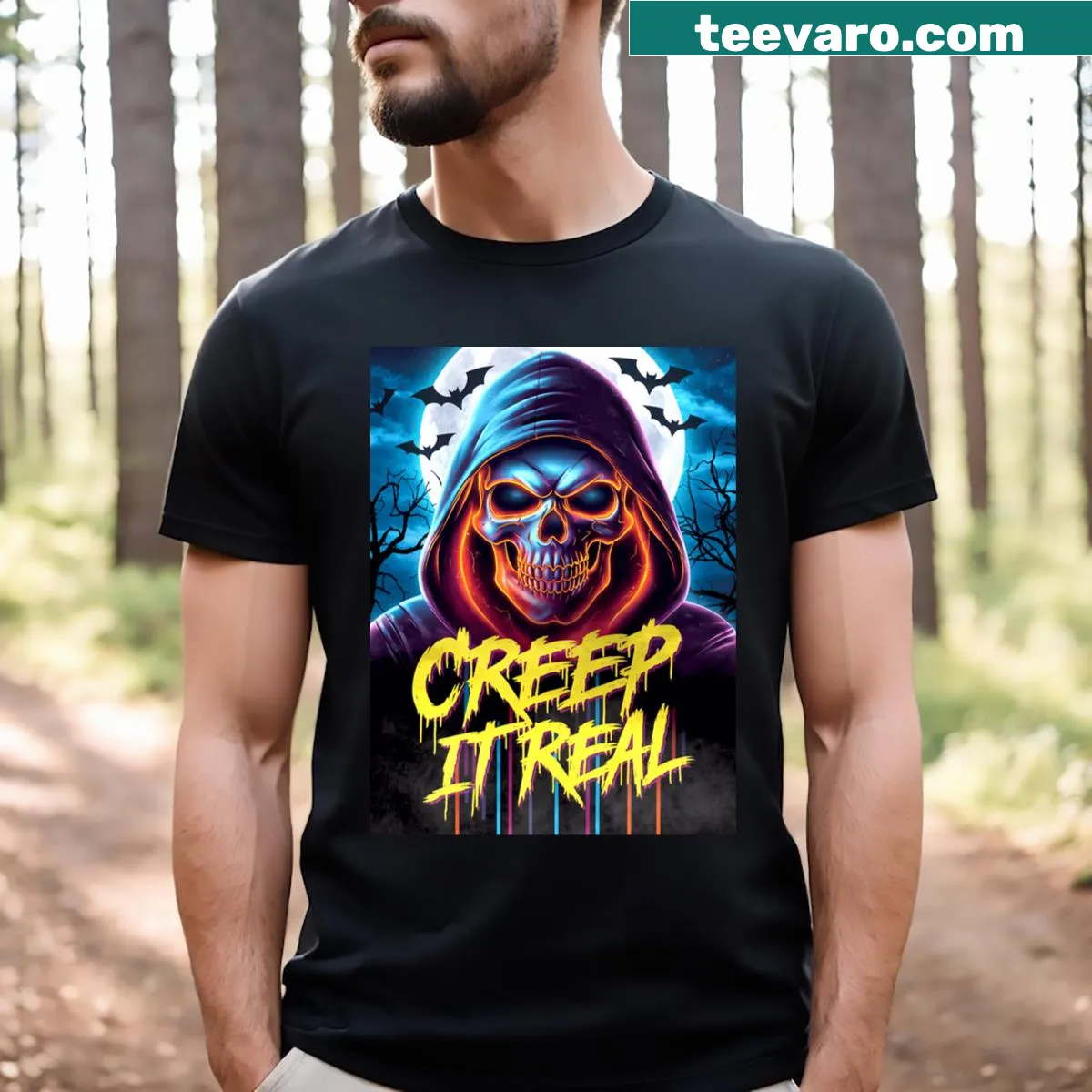 Neon skull graphic t-shirt for Halloween celebrations — on a men's t-shirt