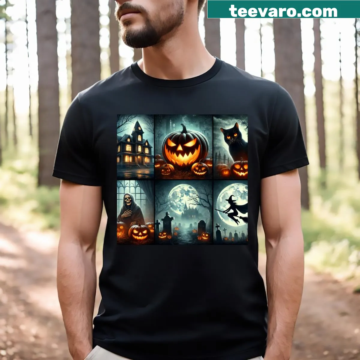 Halloween t-shirt with a spooky collage design — on a men's t-shirt