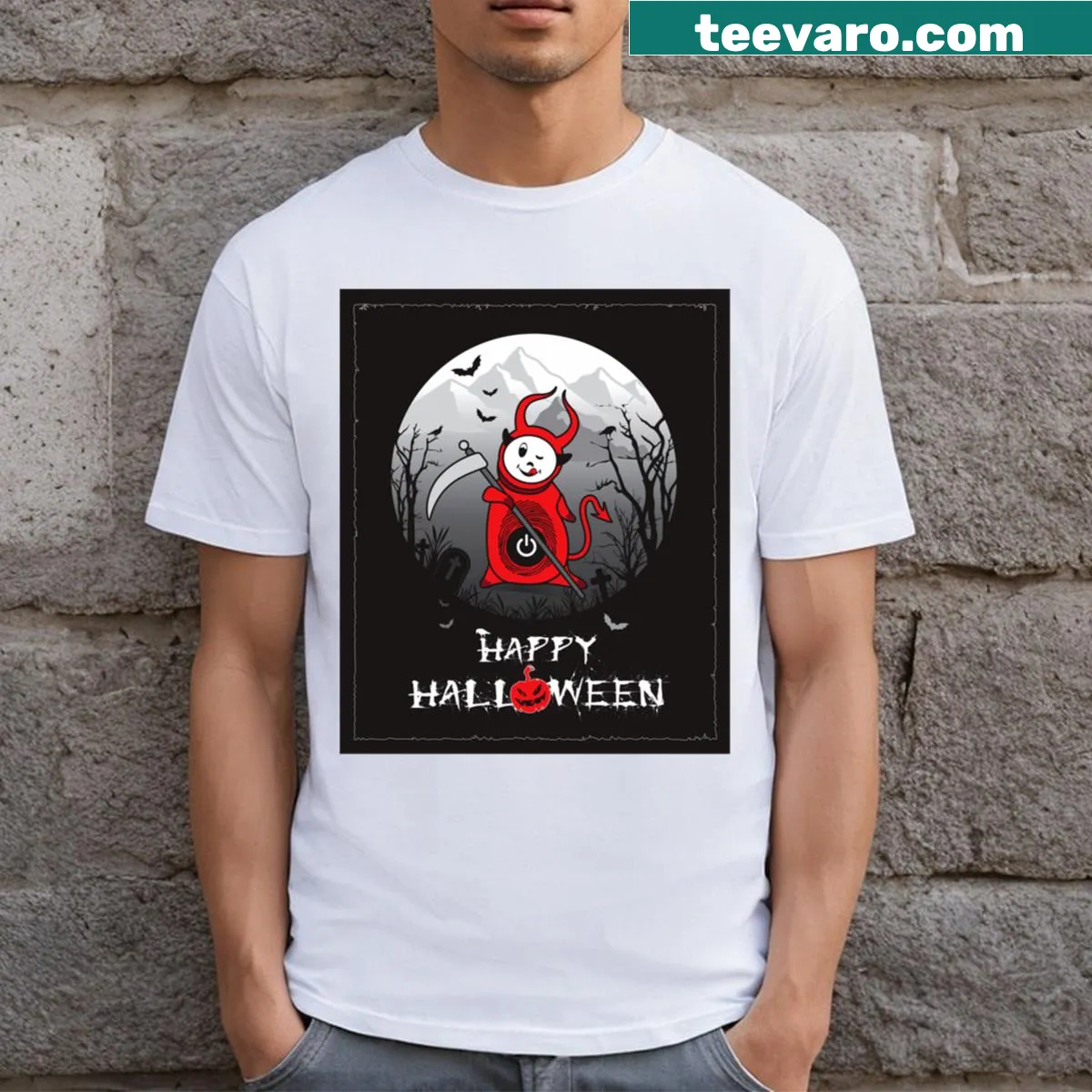 Cute Halloween t-shirt with a cheerful devil design — on a men's t-shirt