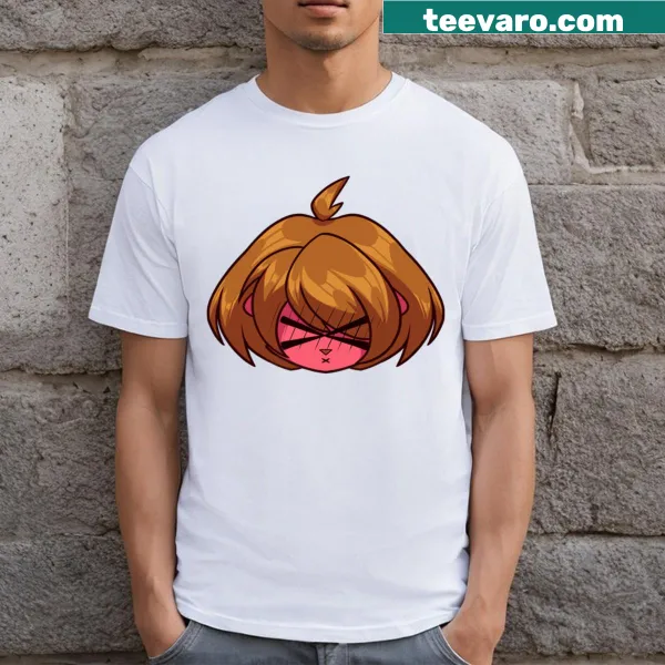 Whimsical Cyndybell with a blush emote on a T-shirt