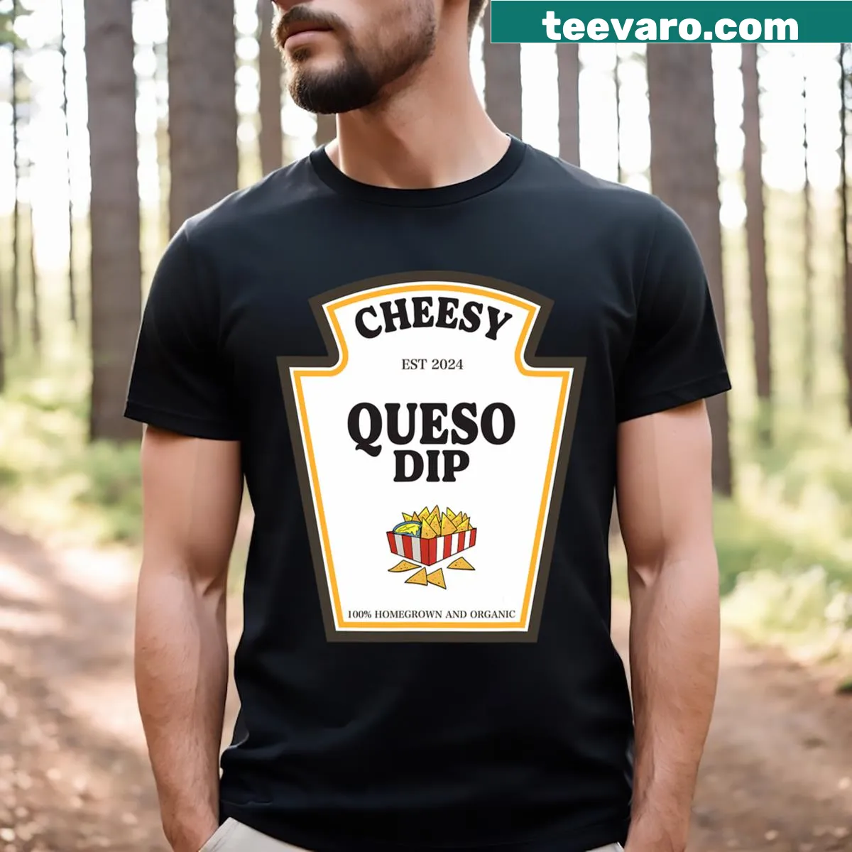 Cheesy Queso Dip graphic t-shirt for parties — on a men's t-shirt