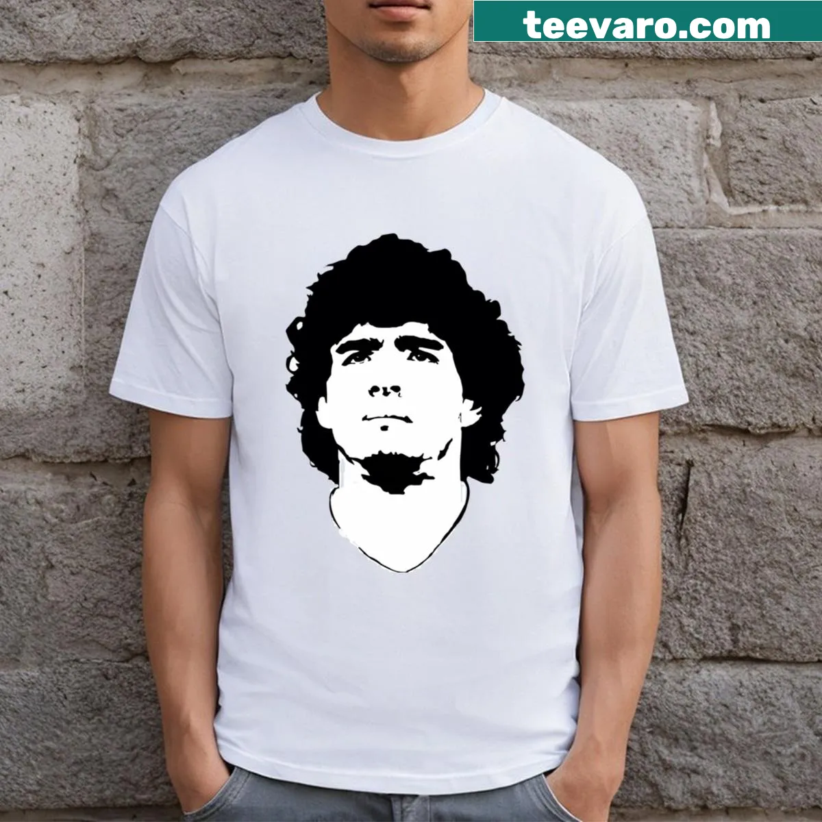 Illustration of Diego Armando Maradona's face on a T-shirt — on a men's t-shirt