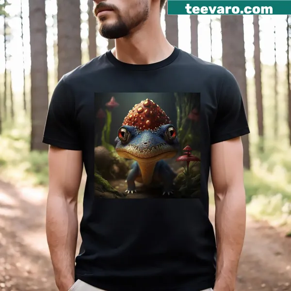Cartoon of a dinosaur with mushrooms on a T-shirt