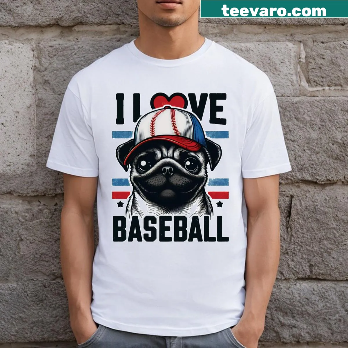 Dogs and baseball themed T-shirt featuring playful graphics. — on a men's t-shirt