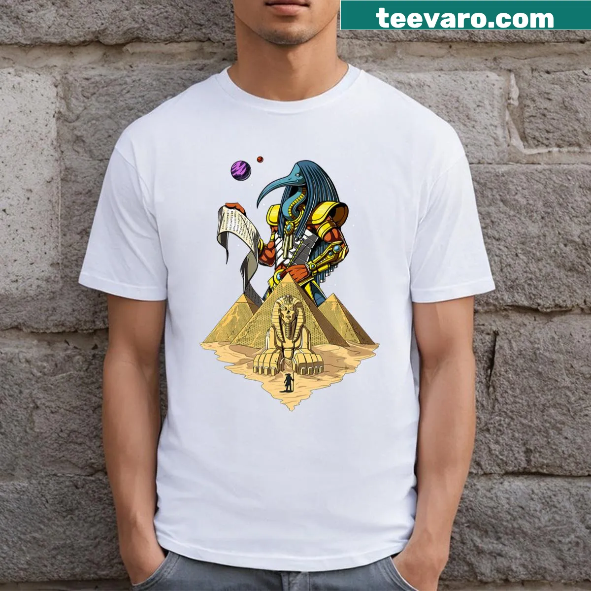 T-shirt featuring Thoth and Egyptian pyramids in typography — on a men's t-shirt