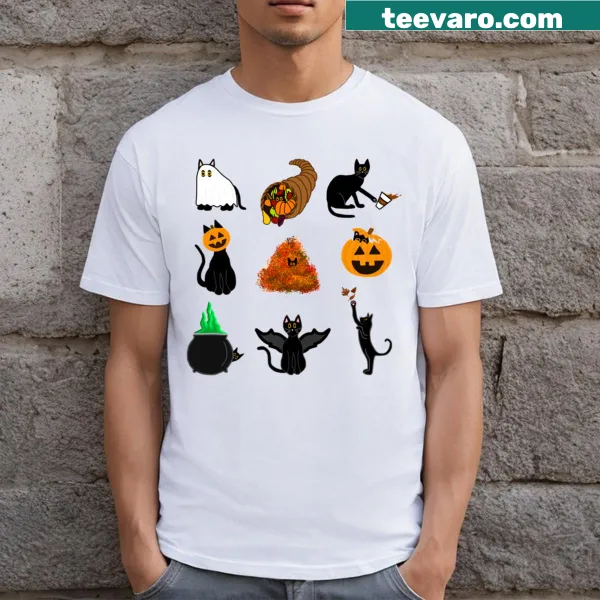 Illustration of cute cats with fall elements on a T-shirt