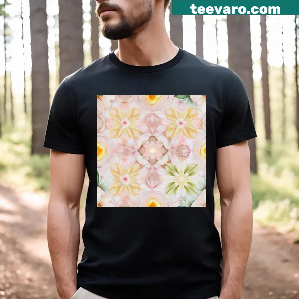 Mandala design featuring cherry blossoms and tulips on a T-shirt.